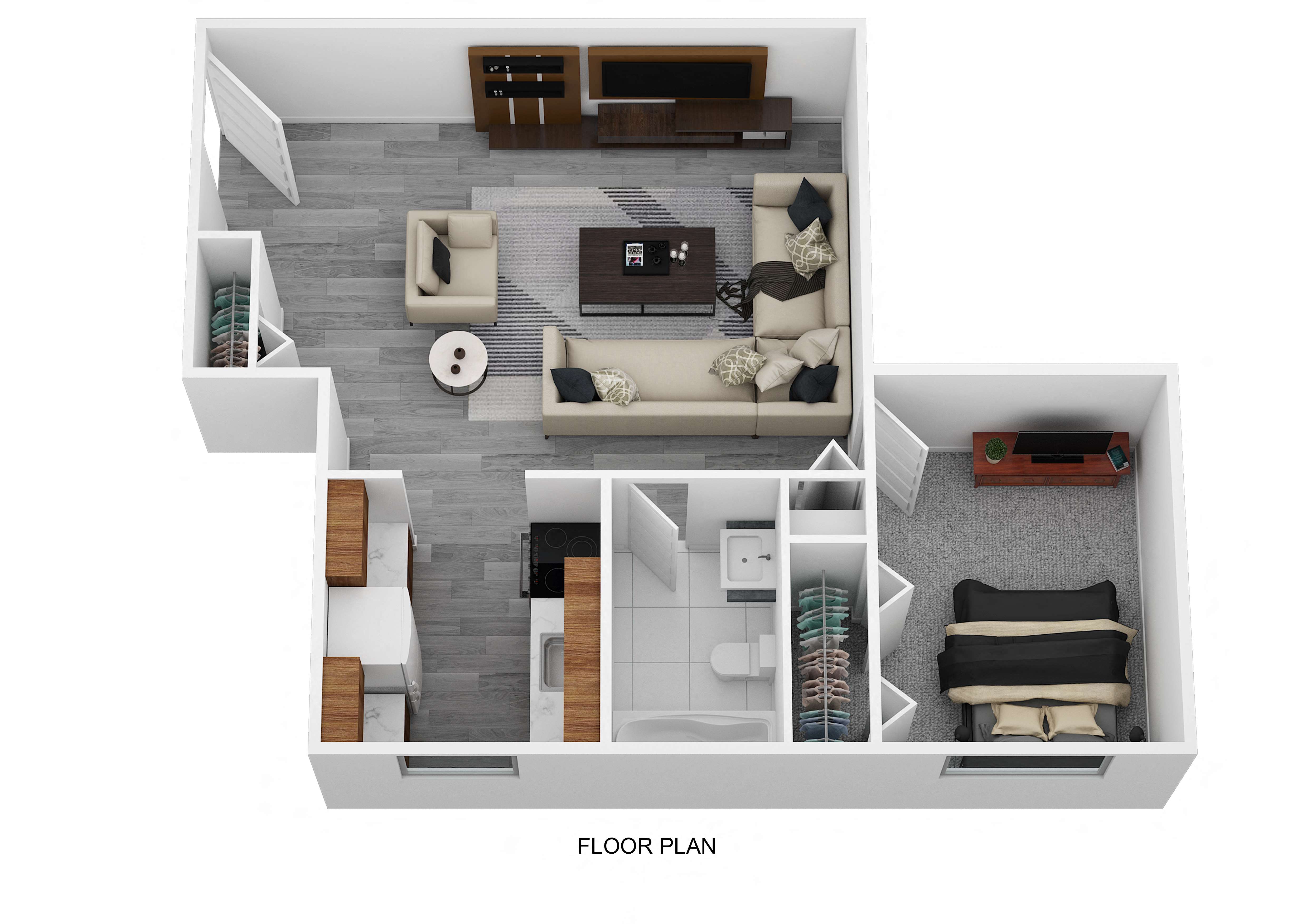 Floor plan for 1 bed, 1 bath, 670 sqft